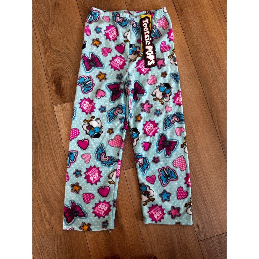 Tootsie Pops Mr Owl Fleece Pajama Pants Kids Size 10/12 Blue Hearts Stars NWT